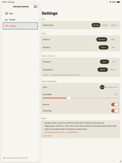 Saved profiles — Altitude Explorer iPad