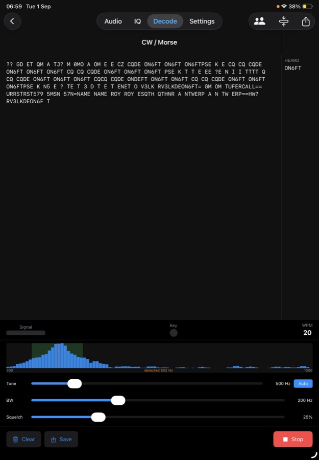 SWLTools decoding Morse code, with the callsigns heard listed beside the text